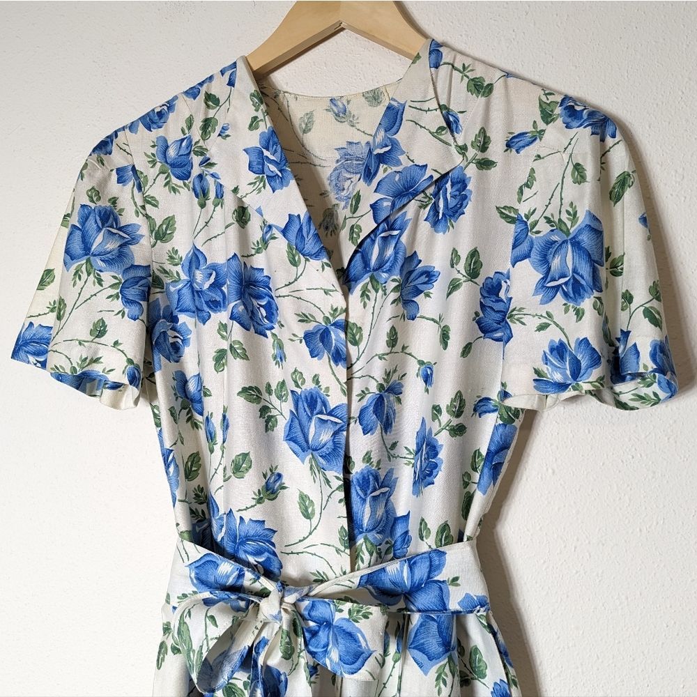 SOLD Vintage 50s Handmade Blue Floral Print Midi Maxi Wrap Dress Short Sleeve - Picture 7 of 16